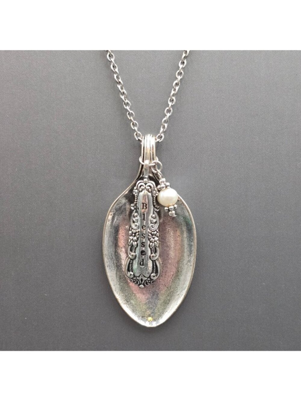 Vintage Blessed Spoon Pendant Necklace Silver Pearl Long Boho Statement Piece - Picture 3 of 16